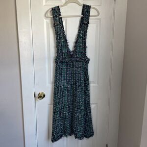 Zara tweed Pinafore Apron Plunge Green Metallic Fringe Midi size M Womens